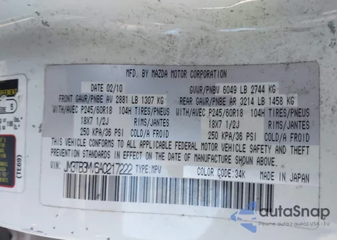 2010 Mazda Cx-9 Touring from USA, damaged, VIN JM3TB3MV6A0217222